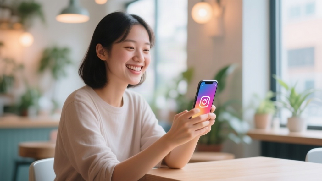 A lifestyle shot of a young creative person smiling while using the Instagram app on their smartphone, sitting in a brig
